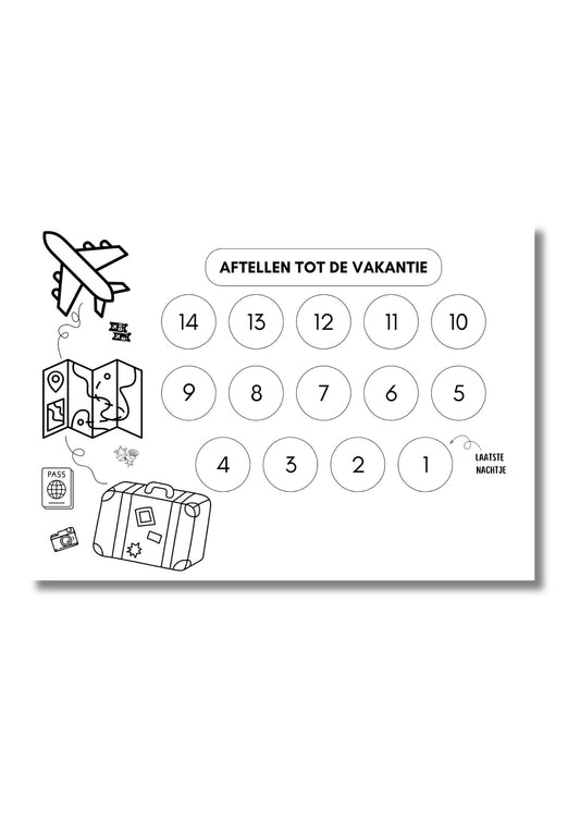 Aftelkalender voor kinderen: Reisthema - 14 Dagen voorpret voor de vakantie - Afdrukbare PDF