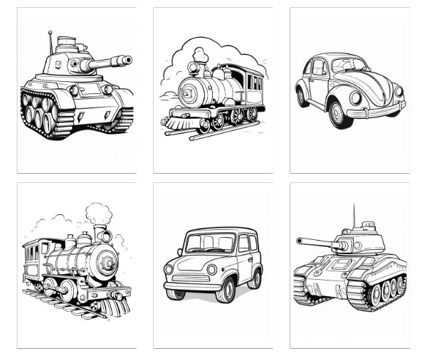 Kleurboek voor kinderen: Treinen, Tanks en Auto's - 50 stoere kleurplaten die de kinderlijke fantasie stimuleert en creativiteit bevordert