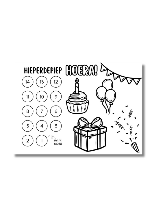 Verjaardag aftelkalender Kleurplaat | 14 dagen | Gratis printable | Kinderverjaardag